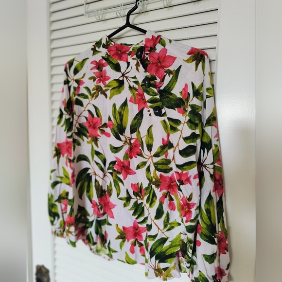 Zara Tops - Zara Linen Blend Tropical Floral Blouse Green/Pink Size M Hawaiian